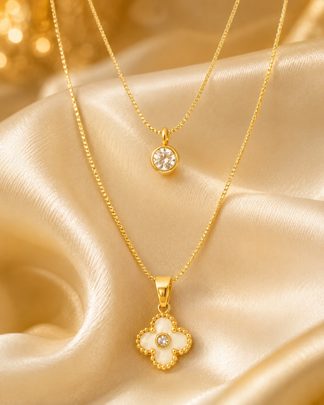 Gold plated floral chain mother of pearl cubic zirconia stainless steel layered chain
