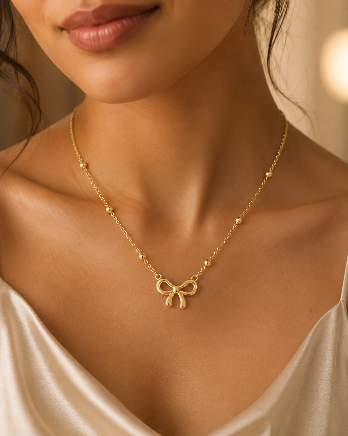 LYXORA golden bow charm necklace gold plated stainless steel chain