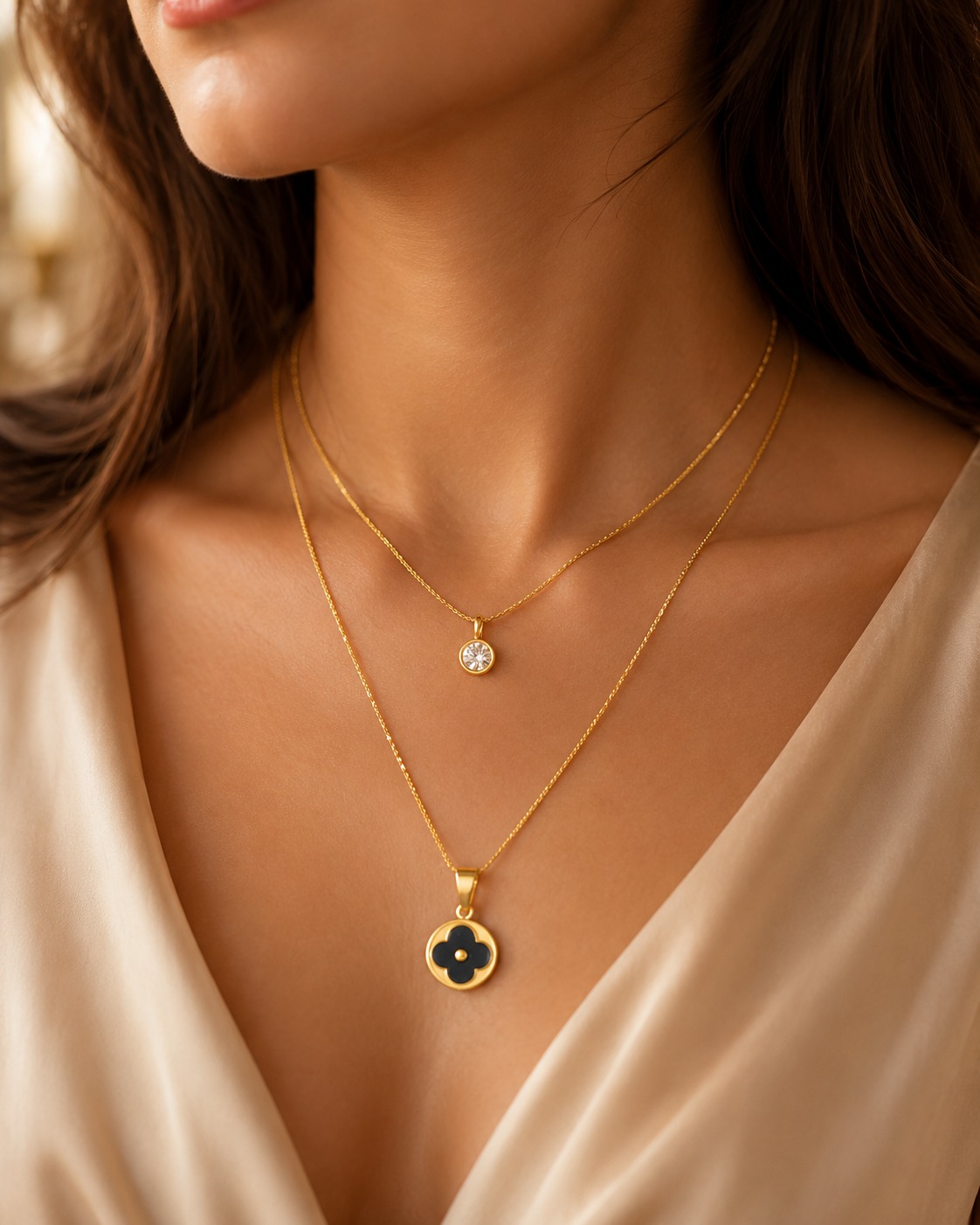 LYX-BLK-FLWR-CHAIN onyx cubic zirconia gold plated stainless steel layered chain